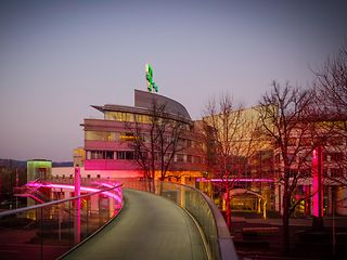 The T on the roof of Bonn Telekom headquarters lights up green