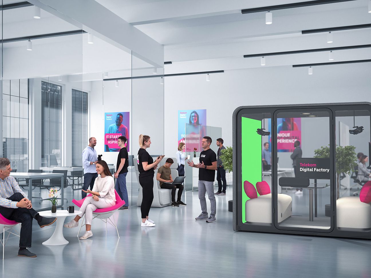 Zukünftiger Büro- und Arbeitsraum mit Digital Cube und Greenscreen .) 