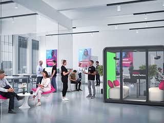 Zukünftiger Büro- und Arbeitsraum mit Digital Cube und Greenscreen .) 