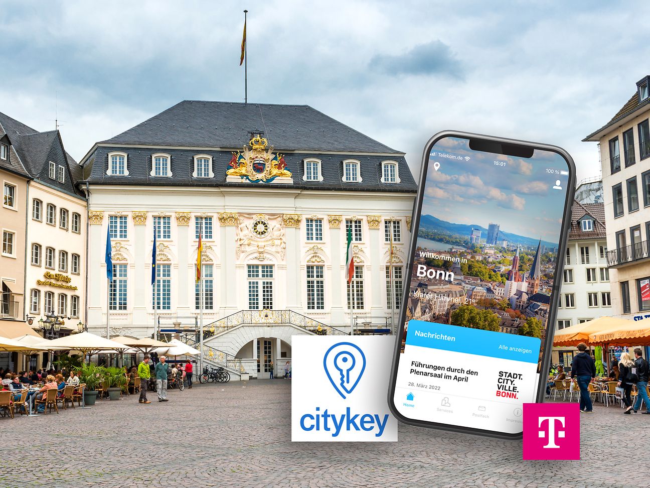 Bonner Rathaus + Screen Mobiltelefon mit Startscreen der App