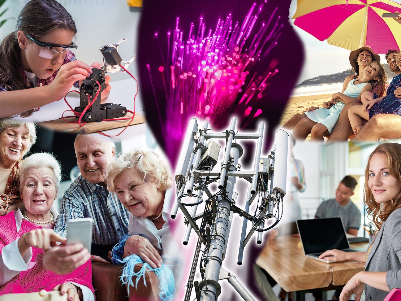 Verschiedene Situationen, wie Menschen im Netz der Telekom virtuell zusammenfinden. 