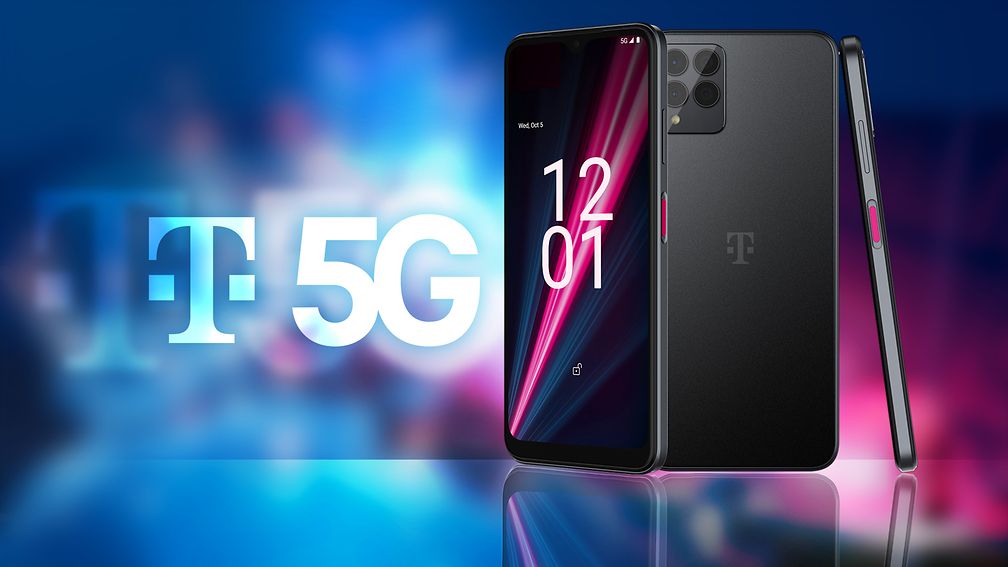 A black smartphone (T Phone Pro), and a T 5G logo