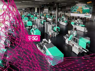 A production hall with mint-green manufacturing machines. Above it, a magenta network infrastructure and the lettering "T5G".