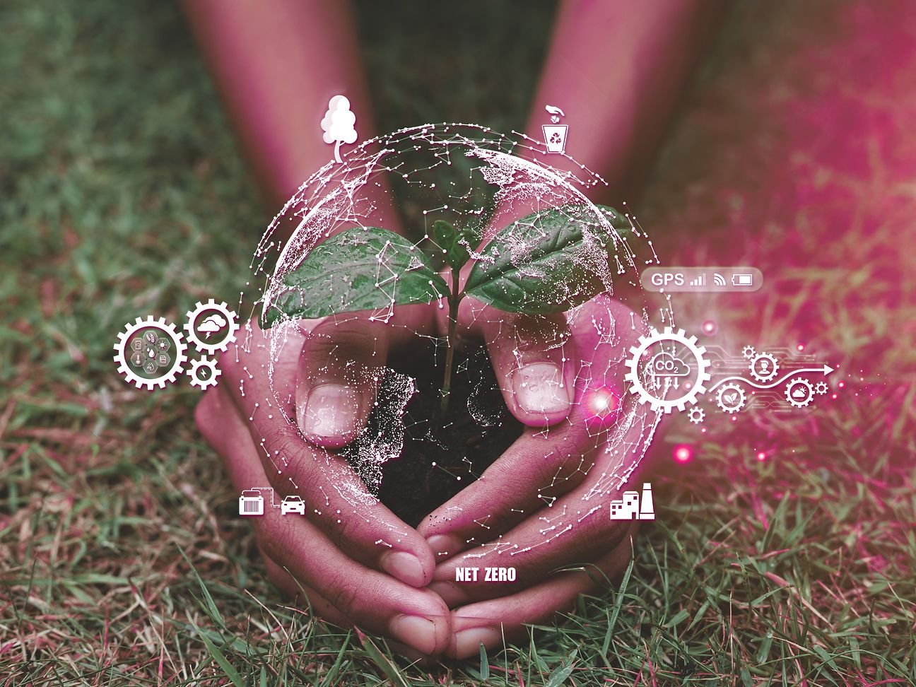 Hand holds plant. Around are symbols for among others CO2, Net zero, E-car.