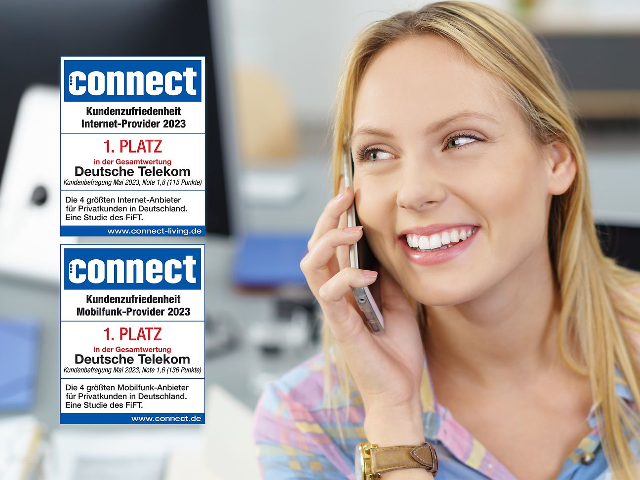 Zu sehen sind eine zufriedene Telekom Kundin und die beiden Siegel von connect