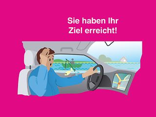 Mann fährt Auto. Das Navigationssystem sagt: „Sie haben Ihr Ziel erreicht!“