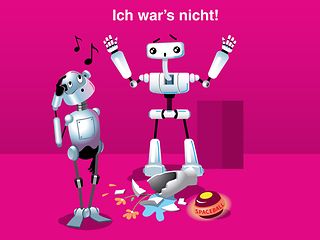 Zwei Roboter. Schriftzug: Ich war's nicht.