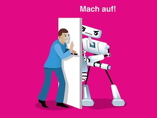 Mensch will eine Türe öffnen. Die Türe wird von einem Roboter zugehalten. Schriftzug: Du kommst hier nicht rein.