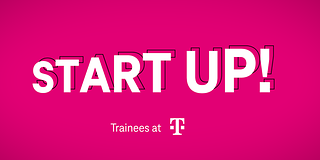 lettering of "Start up!" on magenta ground