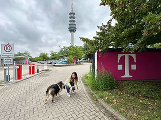 Dog and a woman on company premises. A television tower in the background.