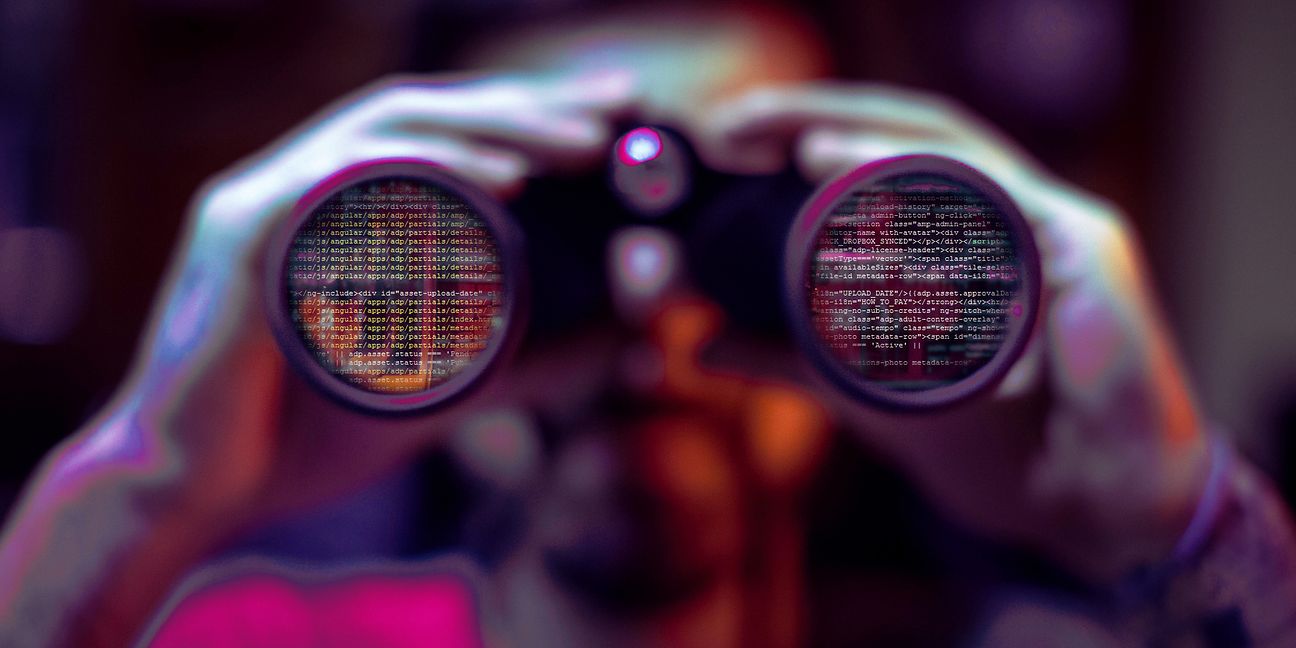 shadowy figure looks through binoculars in which lines of code are reflected