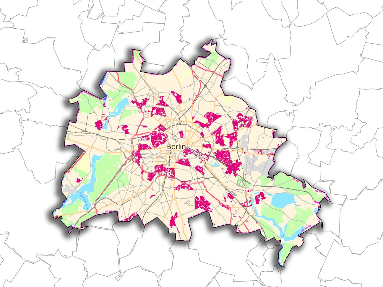Karte Berlins mit magentafarbener Hervorhebung der Glasfaser-Ausbaugebiete der Telekom bis Februar 2024