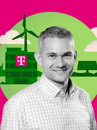 Chris Mathea in front of a magenta illustration with windmills and solar panels.