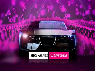 Car with the logos of T-Systems and Aurora Labs.
