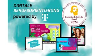 Ein buntes Visual zeigt die Worte „Digitale Berufsorientierung“ auf einem digitalen Untergrund, der an eine Wolke erinnert.