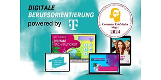 Ein buntes Visual zeigt die Worte „Digitale Berufsorientierung“ auf einem digitalen Untergrund, der an eine Wolke erinnert.