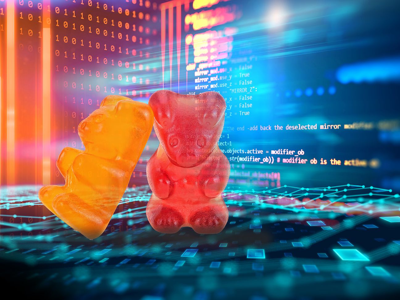 Zwei Gummibärchen vor einer Umgebung aus Softwarecodes