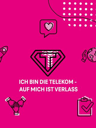 icons und ein Schriftzug: ICH BIN DIE TELEKOM - AUF MICH IST VERLASS