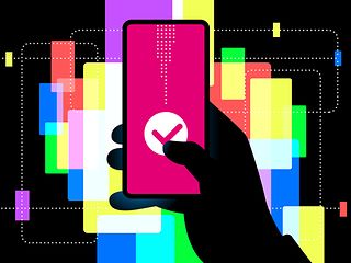 The picture is colorful. In the center is a hand holding a cell phone. The thumb clicks on the magenta-colored display.