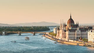 View of the Budapest Parliament building on the banks of the Danube