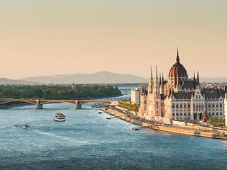 View of the Budapest Parliament building on the banks of the Danube