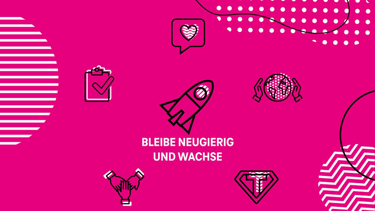 Icons und ein Schriftzug: BLEIBE NEUGIERIG UND WACHSE
