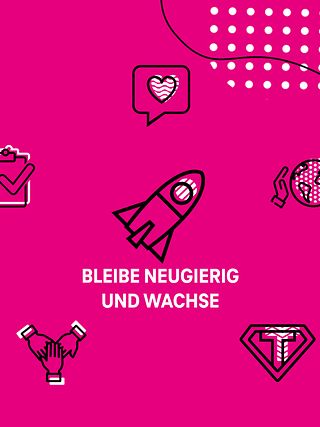 Icons und ein Schriftzug: BLEIBE NEUGIERIG UND WACHSE