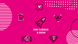 Icons and a lettering: STAY CURIOUS AND GROW