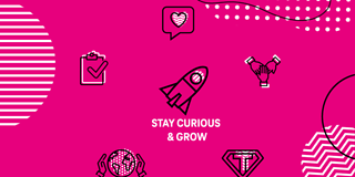 Icons and a lettering: STAY CURIOUS AND GROW