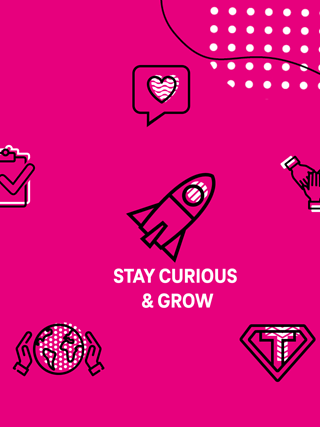 Icons and a lettering: STAY CURIOUS AND GROW