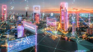 A futuristic city view at sunset with digital holograms such as “event”, “teleport”, and “marketplace”