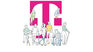 The image shows employees around a Telekom T.