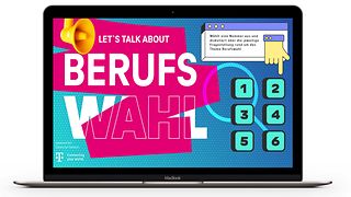 Abbildung eines Laptopmonitors mit einer Grafik zum Thema "Berufswahl starten"