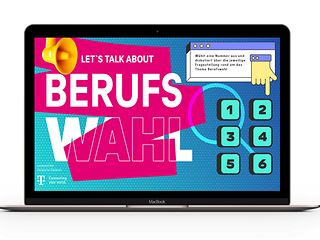 Abbildung eines Laptopmonitors mit einer Grafik zum Thema "Berufswahl starten"