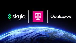 Company logos of Telekom, Skylo and Qualcomm above the globe