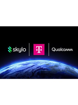 Company logos of Telekom, Skylo and Qualcomm above the globe