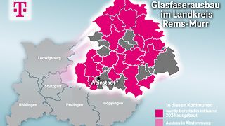 Ausbaukarte Rems-Murr-Kreis. In Magenta eingefärbt Kommunen mit Telekom-Glasfaser.