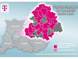 Ausbaukarte Rems-Murr-Kreis. In Magenta eingefärbt Kommunen mit Telekom-Glasfaser.