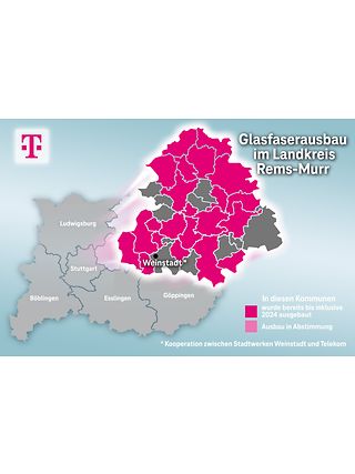 Ausbaukarte Rems-Murr-Kreis. In Magenta eingefärbt Kommunen mit Telekom-Glasfaser.