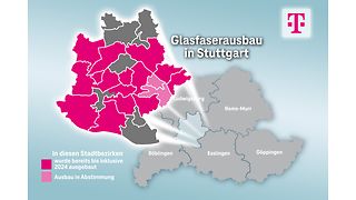 Ausbaukarte für die Landeshauptstadt Stuttgart. In Magenta Kommunen, in denen die Telekom bereits Glasfaser verlegt hat.