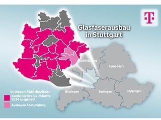 Ausbaukarte für die Landeshauptstadt Stuttgart. In Magenta Kommunen, in denen die Telekom bereits Glasfaser verlegt hat.