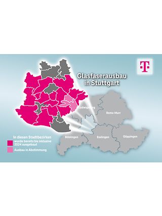 Ausbaukarte für die Landeshauptstadt Stuttgart. In Magenta Kommunen, in denen die Telekom bereits Glasfaser verlegt hat.