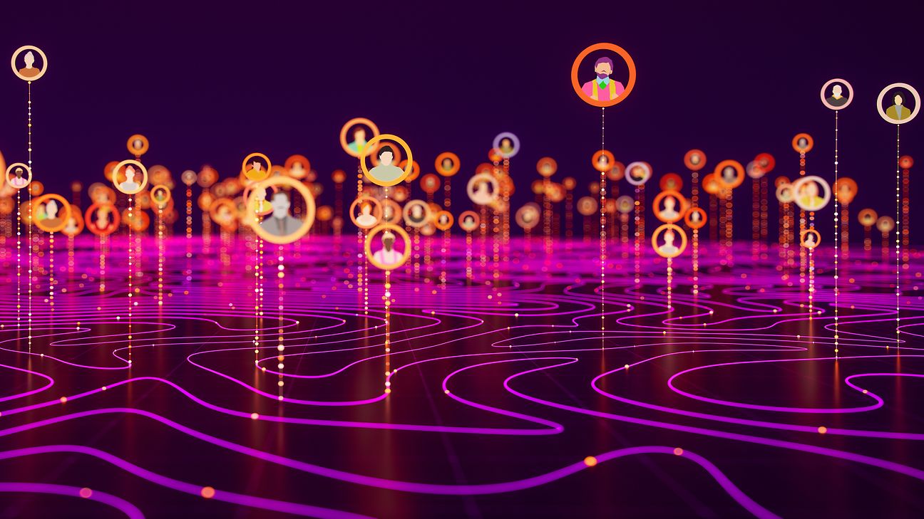 The image is very dark. It shows many bubbles on a wavy background, representing different people as a community.