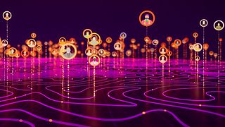 The image is very dark. It shows many bubbles on a wavy background, representing different people as a community.
