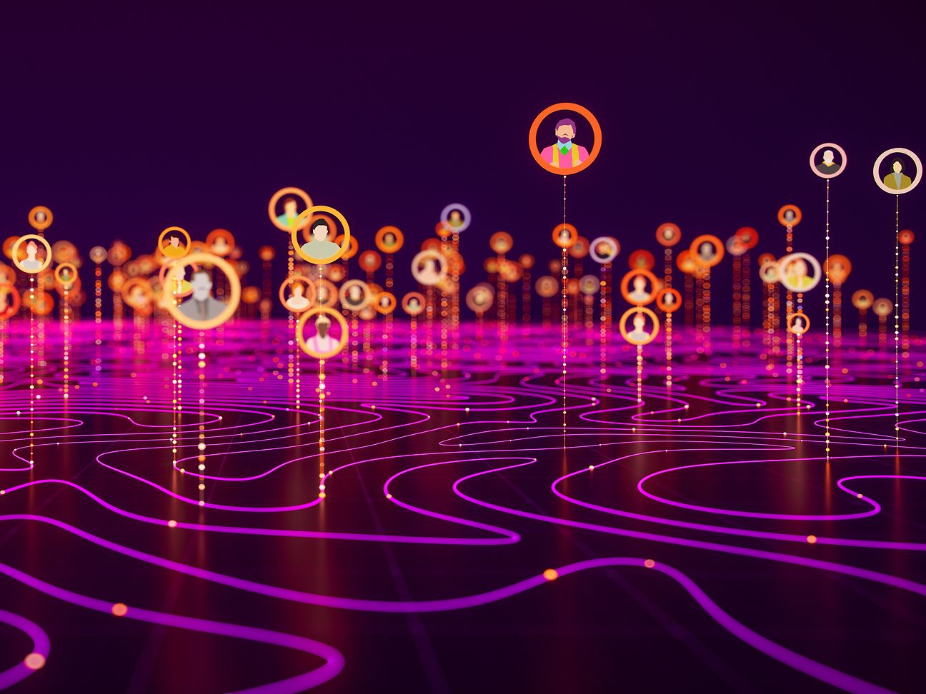 The image is very dark. It shows many bubbles on a wavy background, representing different people as a community.