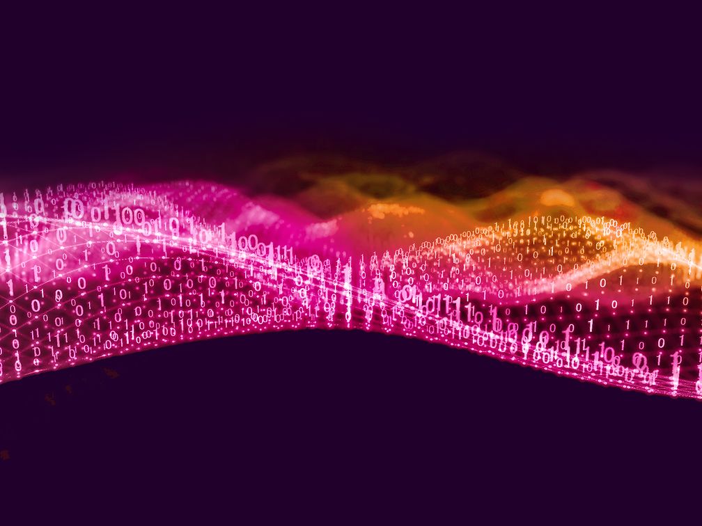 The image shows wave-like digital data streams of luminous binary code numbers in bright pink.