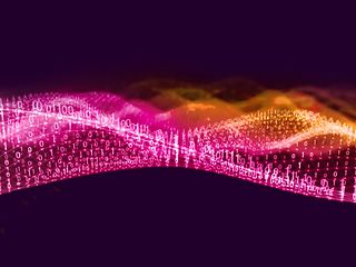 The image shows wave-like digital data streams of luminous binary code numbers in bright pink.