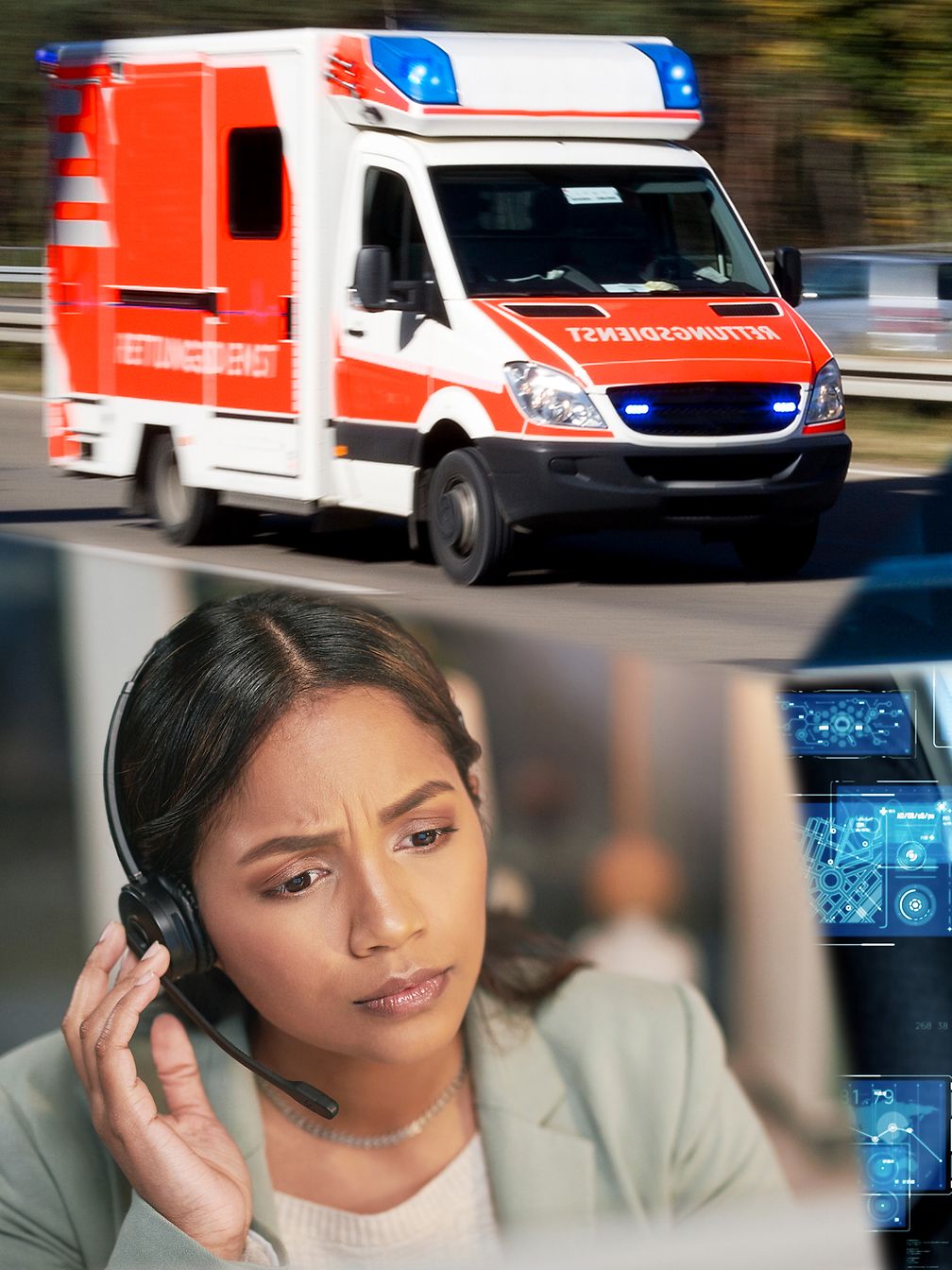 Accident vehicle and the emergency call center. An ambulance is sent to the scene of the accident.