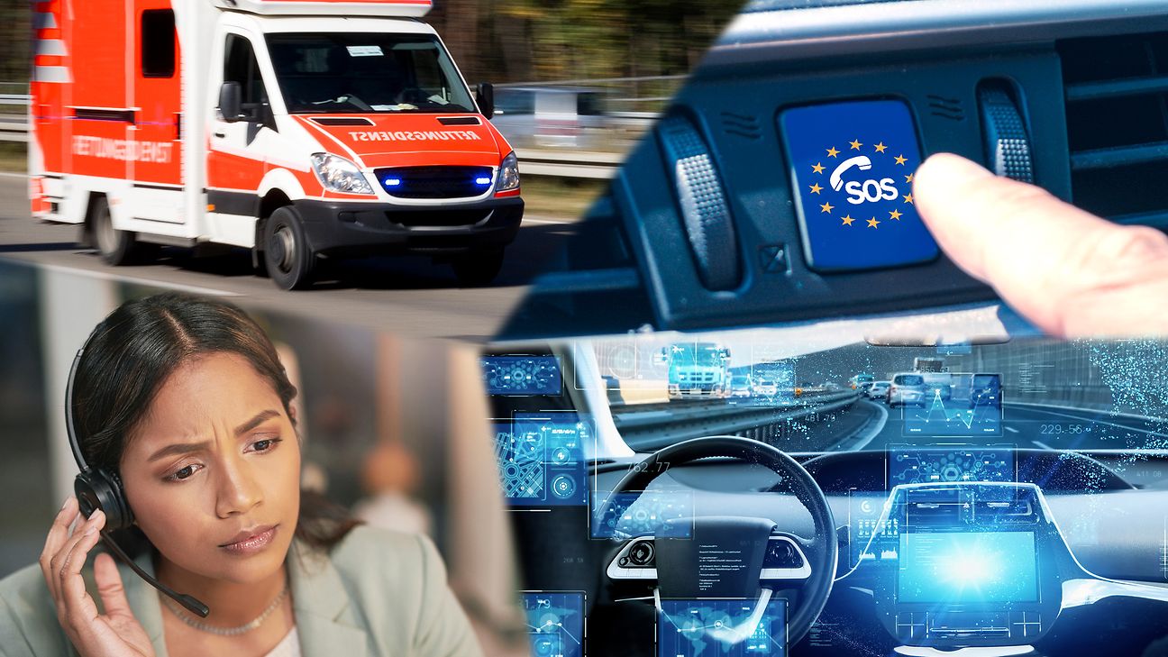 Unfall-Fahrzeug und Notrufzentrale. Ein Rettungswagen wird zum Unfallort geschickt.