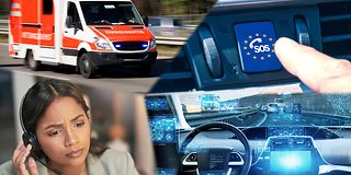 Unfall-Fahrzeug und Notrufzentrale. Ein Rettungswagen wird zum Unfallort geschickt.